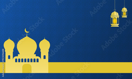 Islamic Ramadhan Background with Mosque and Lanterns on Blue