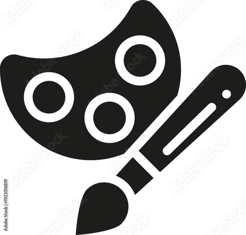 Black palette and brush icon Artist palette and paint brush vector icons — creative painting tools clip art set isolated on white background, black silhouette icon of artist's paint palette and brush,