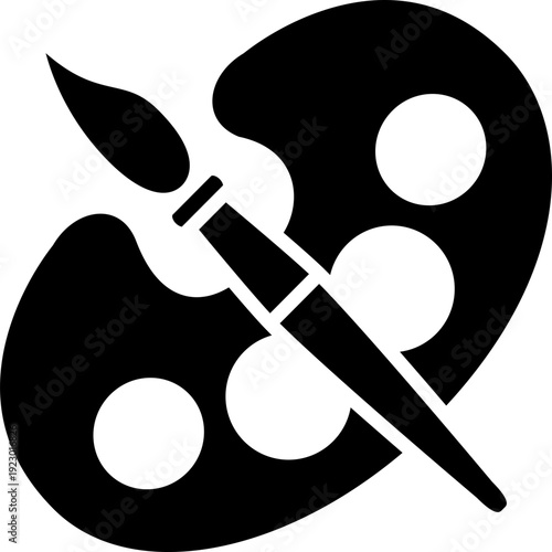 Black palette and brush icon Artist palette and paint brush vector icons — creative painting tools clip art set isolated on white background, black silhouette icon of artist's paint palette and brush,