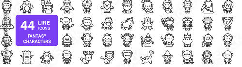 Set of 44 thin line fantasy and mythology icons. Princess, wizard, dragon, mermaid, unicorn pack. Vector illustration with stroke outline style