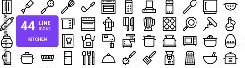 Set of 44 thin line kitchen icons. Fridge, rolling pin, mixer, oven, cookware. Outline vector illustration for web and cooking apps