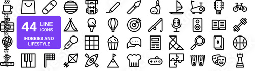 Set of 44 thin line web icons for hobbies, sports, entertainment, and leisure activities. Outline vector illustration pack with coffee, camera, globe, and more