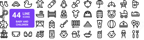 Set of 44 thin line baby and children icons including toys, clothing, nursery items. Vector illustration with editable stroke for web and app design