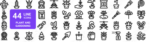 Set of 44 thin line plant and gardening icons. Flowers, cactus, trees, tools in outline style. Vector illustration pack for web and design projects