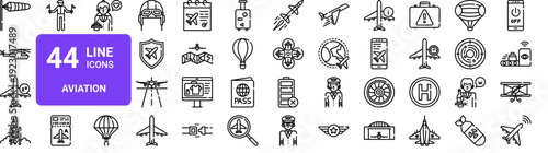 Set of 44 thin line aviation and airport icons including airplane, helicopter, drone, passport, suitcase. Vector illustration with editable stroke