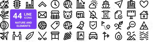 Set of 44 thin line icons including harvest, sprout, moon phase, nature, food, and web elements. Editable stroke vector illustration pack