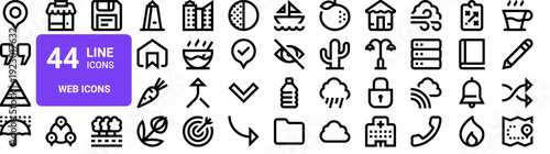 Set of 44 thin line web icons including pin, quotation, pyramid chart, fire, notification, bookmark, cloud, server. Vector illustration pack with editable stroke