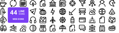 Set of 44 thin line web icons with diverse topics: weather, objects, navigation, sports. Vector illustration pack with stroke outline style for UI design