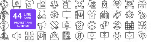 Set of 44 thin line web icons including target, lectern, ban, protest, calendar, peace, megaphone. Vector outline illustration pack with stroke symbols