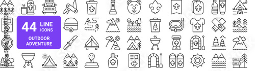 Set of 44 thin line outdoor adventure icons. Mountains, camping, survival gear, nature symbols. Vector illustration pack for web and digital projects