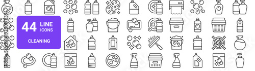 Set of 44 thin line cleaning icons. Housekeeping, laundry, detergent, soap, spray bottles. Outline vector illustration for web and mobile apps
