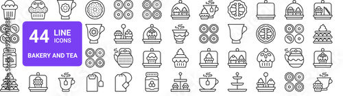 Set of 44 thin line bakery and tea icons. Cupcakes, pastries, teapot, teacup, croissant, jam, honey, pie, tart. Vector illustration with editable stroke