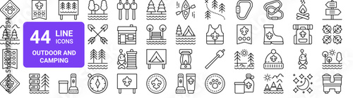 Set of 44 thin line outdoor camping and nature icons including animal, forest, hiking, and scout rank symbols in vector format