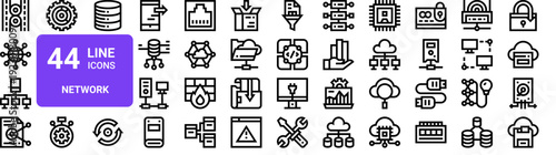 Set of 44 thin line data processing, network and networking icons. Outline stroke style vector illustration pack for web and mobile design projects