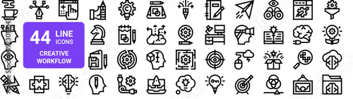 Set of 44 thin line web icons for creative workflow, innovation, design process. Vector illustration with editable stroke. Linear outline style