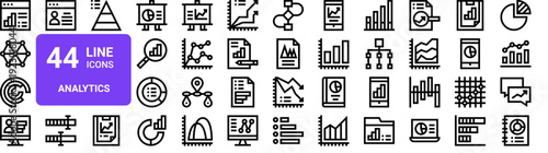 Set of 44 thin line web and analytics icons including bar chart, pie chart, network, graph, diagram, flow chart, presentation elements. Vector illustration