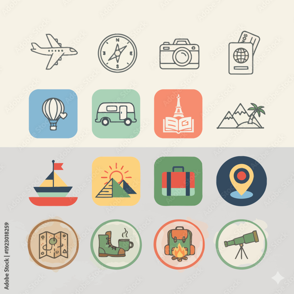 Fototapeta premium Illustrative vector icon set showcasing global travel, adventurous exploration, and vacation planning essentials for diverse digital and print design applications