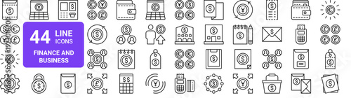 Set of 44 thin line finance and business icons. Invoice, exchange, currency, payment, calculator pack. Vector illustration with editable stroke
