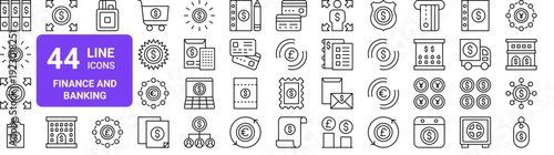 Set of 44 thin line finance and banking icons. Archive, payment, currency symbols including yen, euro, dollar. Vector outline illustration pack