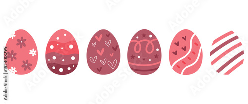 Collection of beautifully decorated pink and red Easter eggs for spring celebration