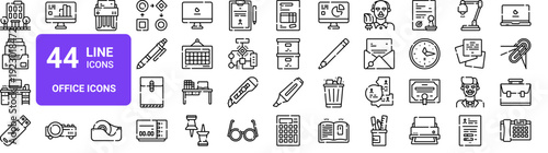 Set of 44 thin line office and workspace icons including desk supplies, equipment, and stationery. Outline vector illustration pack