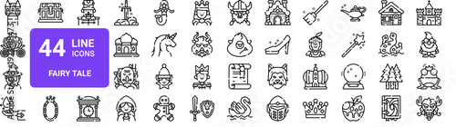Set of 44 thin line fairy tale fantasy icons including castle, wizard, unicorn, mermaid, crown. Vector illustration for web and UI design