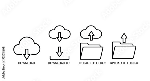 Cloud computing data transfer icons set, upload download symbols, file sharing and storage illustrations for technology and internet concepts