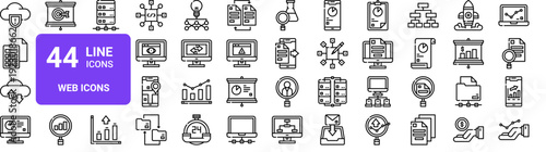 Set of 44 thin line web icons including cloud server, calculator, storage, analytics, and business elements. Vector outline illustration