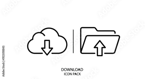 Cloud computing download upload icon pack, file transfer and storage symbol, modern flat design, technology and internet concept