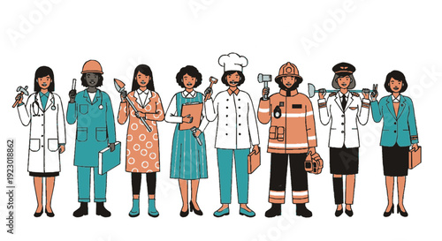 Diverse professionals standing together holding various work tools and equipment in colorful outfits