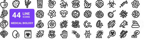 Set of 44 thin line medical biology icons. Virus, bacteria, disease, microscope, cell, microbe, biohazard pack. Vector illustration