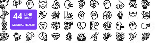 Set of 44 thin line medical health icons including cystitis, broken bone, injury, disease symptoms and conditions. Vector illustration in outline style