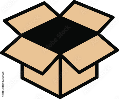 Empty open cardboard box outline vector illustration for postal shipping and commercial storage symbol
