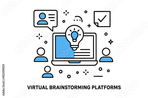 Illustration of virtual brainstorming platforms with users collaborating online and a light bulb representing ideas