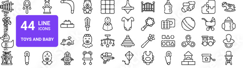 Set of 44 thin line web icons including toys, baby items, household objects. Outline vector illustration pack for UI, app, website design