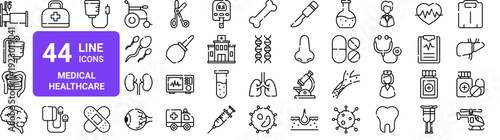 Set of 44 thin line medical healthcare icons. Hospital, doctor, nurse, medicine, ambulance pack. Vector illustration with editable stroke
