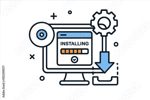 Computer screen displaying installation progress with a downloading icon and gear symbol indicating software setup process