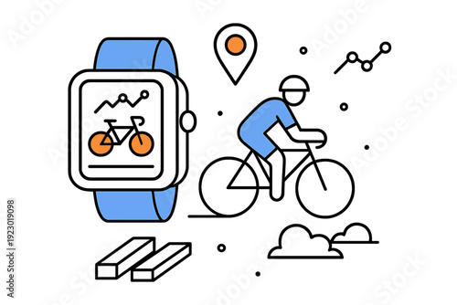Cyclist using smartwatch for tracking performance and location during a ride in an outdoor environment