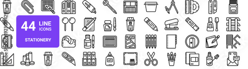 Set of 44 thin line stationery and office supply icons. Outline vector illustration with pen, pencil, ruler, scissors, calligraphy, ink, notebook, and workspace tools