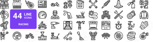 Set of 44 thin line racing and motorsport icons. Vector illustration pack includes race track, helmet, podium, speedometer, pit stop, racing car, tools and equipment