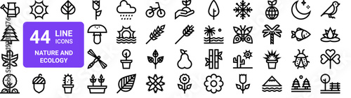 Set of 44 thin line nature and ecology icons. Tree, leaf, flower, watering can, sun, moon, mountain, wildlife. Vector illustration pack