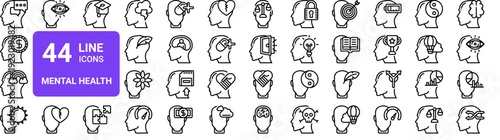 Set of 44 thin line mental health and psychology icons. Brain, mind, imagination, emotion pack. Outline vector illustration for web and apps