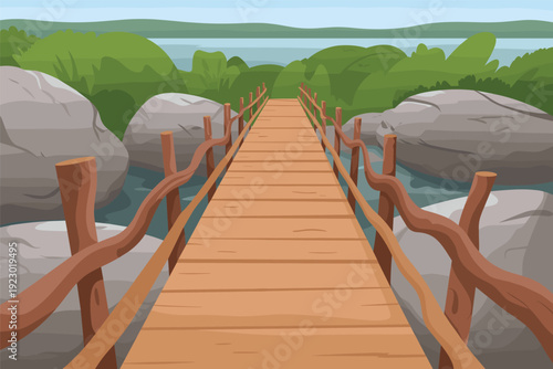 Serene wooden bridge over calm waters in natural landscape