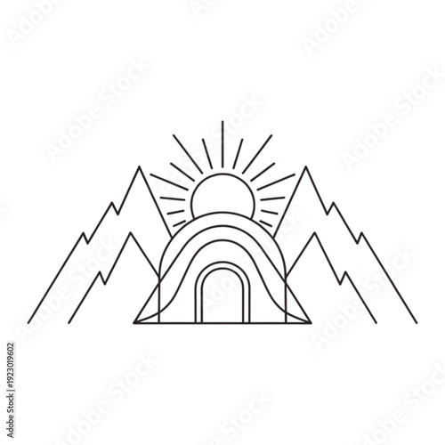 Minimalist line art illustration of a camping tent in front of mountains with a rising sun. Vector, illustration