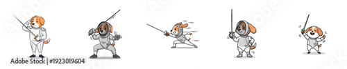 Fencing Characters Cute Dog Athletes Practicing Sword Sport Vector Set