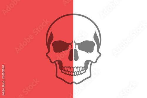 Half Red Half Gray Skull Illustration – Minimal Dual Tone Background