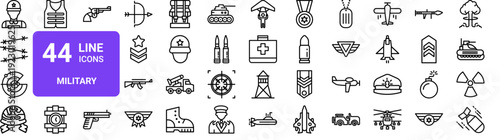 Set of 44 thin line military icons. Soldier, weapon, army equipment, vehicle symbols. Vector illustration pack for web and UI design