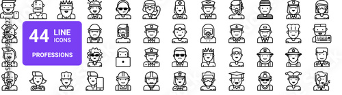 Set of 44 thin line profession and occupation icons including manager, pirate, football player. Vector illustration pack with diverse character roles and careers