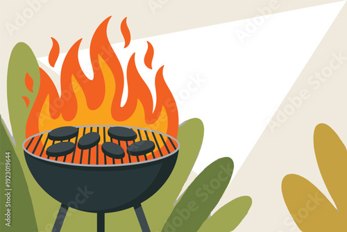 Barbecue grill with burning flames and steaks