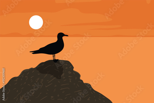 Seagull standing on rocky outcrop at sunset with orange sky